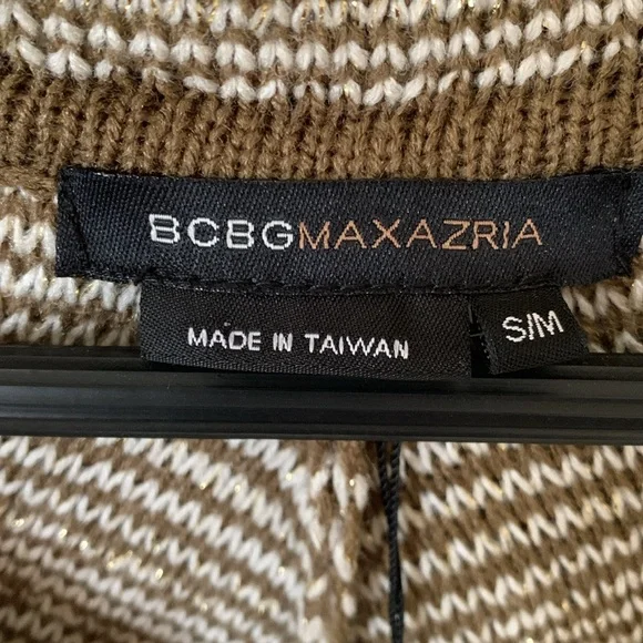 BCBG MAX AZRIA OLIVE GREEN CREAM GOLD METALLIC STRIPE HOOD FRINGE PONCHO SZ S/M - Picture 7 of 10